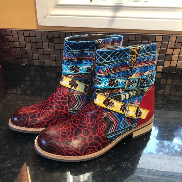 Red Leather Boots with colourful inserts/straps - Picture 1 of 1